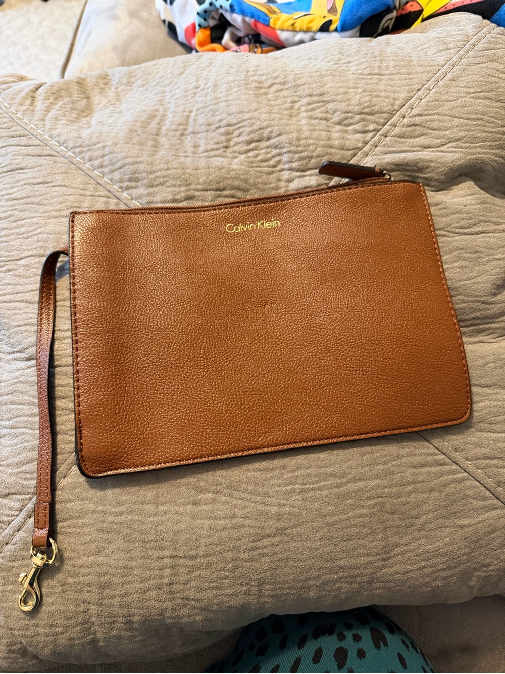 Calvin Klein Tan Leather Toiletry Wrist Pouch